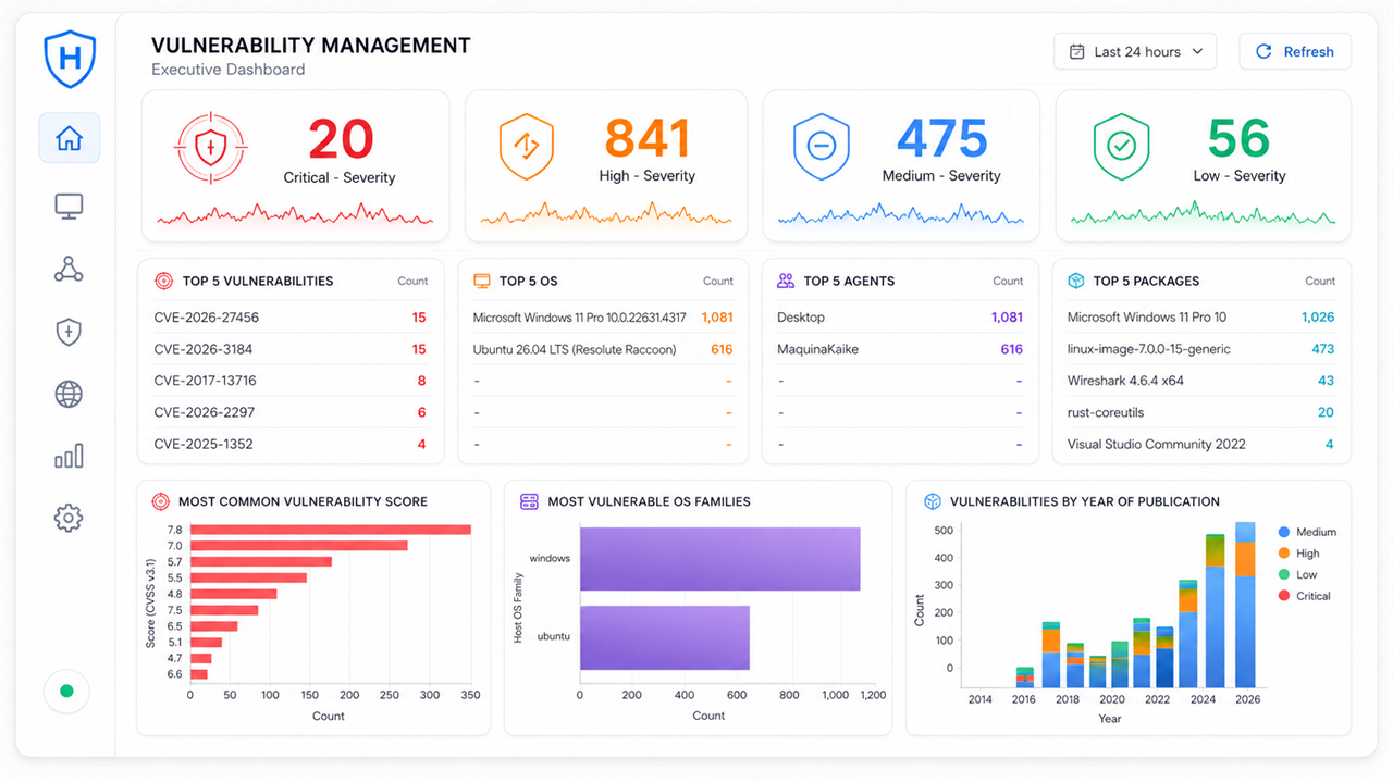 Dashboard de vulnerabilidades e severidade no Wazuh
